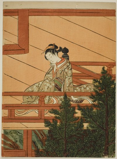 Jeune femme assise sur le balcon du temple de Kiyomizu - Suzuki Harunobu