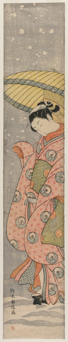Jeune femme debout sous un parapluie dans la neige, 1767-1768 - Suzuki Harunobu