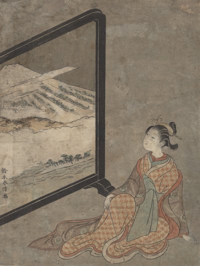 Jeune femme avec une pipe à la main regardant un paysage peint sur un écran - Suzuki Harunobu