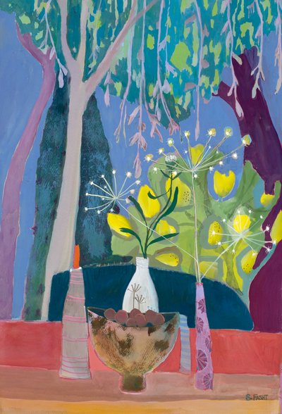Nature morte avec bol et trois vases sur fond d