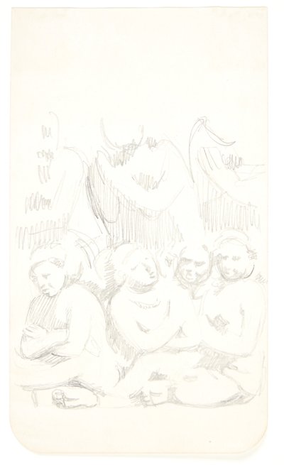 Groupe avec des figures assises aux bras croisés au premier plan. Feuille d