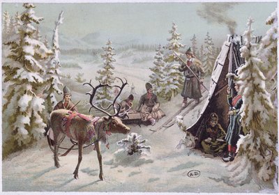 Nord de la Suède : migration automnale en Laponie autour de Luleå, fin du 19ème siècle (lithographie en couleur) - Swedish School