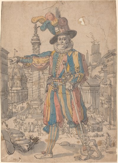 Giovanni Grosso des Gardes Suisses devant une vue de Rome - Swiss 17th Century after Francesco Villamena