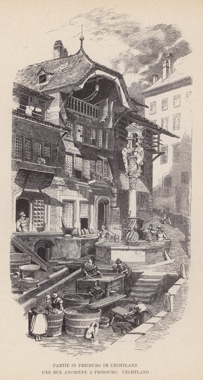 Partie à Fribourg en Uechtland, Une Rue Ancienne à Fribourg, Uechtland (gravure) - Swiss School