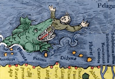 Monstre marin mangeant un humain, illustration de 