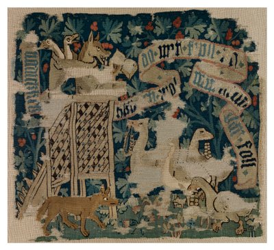 Coussin de tapisserie représentant le Renard, possiblement le Loup, prêchant aux oies, de Bâle - Swiss School