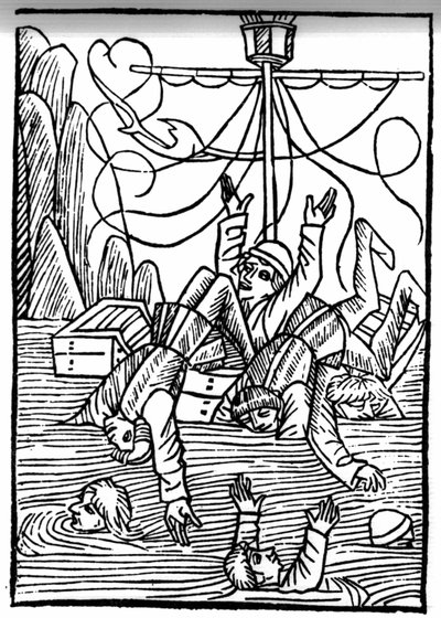 La légende de Saint Brendan (Brandan), héros et saint irlandais du VIe siècle. Les navires coulent dans la mer de Clèves. Gravure de « Die Wunderbare Meerfahrt des Hl. Brandan. » Bâle - Swiss School