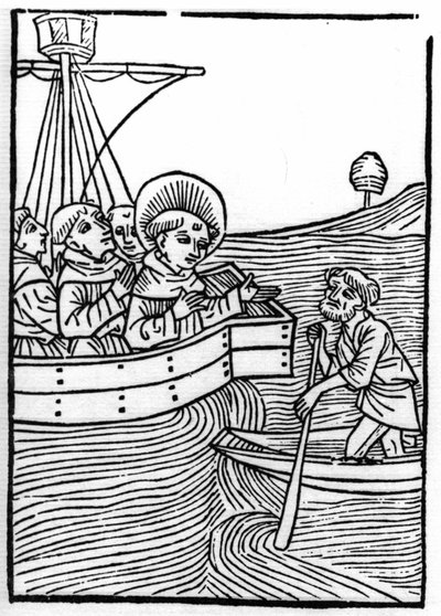La légende de Saint Brendan (Brandan), héros et saint irlandais du 6ème siècle : Les confrères rencontrent un nain au bout du monde. Gravure de « Die Wunderbare Meerfahrt des Hl. Brandan » Bale - Swiss School