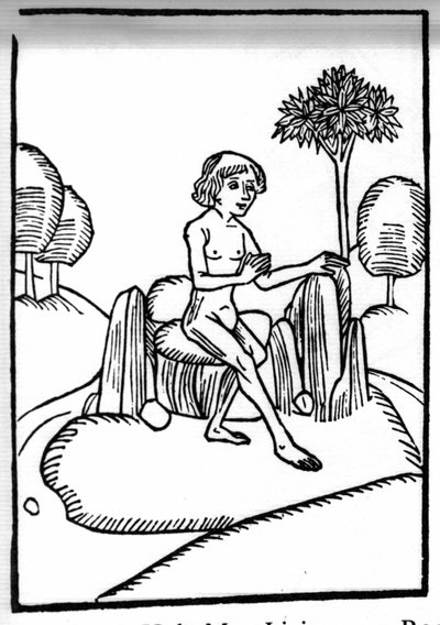 La légende de Saint Brendan (Brandan), héros et saint irlandais du 6ème siècle. Rencontre avec un saint ermite vivant sur un rocher en pleine mer. Gravure de "Die Wunderbare Meerfahrt des Hl. Brandan." Bale - Swiss School