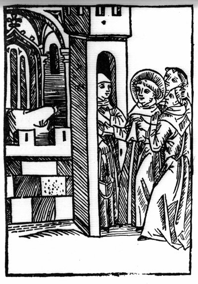 La légende de Saint Brendan (Brandan), héros et saint irlandais du VIe siècle. Un des moines vole un calice. Gravure de « Die Wunderbare Meerfahrt des Hl. Brandan. » Bâle - Swiss School