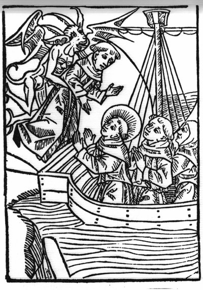 La légende de Saint Brendan (Brandan), héros et saint irlandais du VIe siècle. La prière de Saint Brandan sauve le moine pécheur. Gravure de « Die Wunderbare Meerfahrt des Hl. Brandan. » Bâle - Swiss School