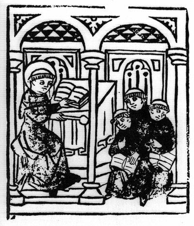 La légende de Saint Brendan (Brandan), héros et saint irlandais du 6e siècle. Le saint raconte les merveilles de la mer à ses confrères du monastère. Gravure de « Die Wunderbare Meerfahrt des Hl. Brandan. » Bâle - Swiss School