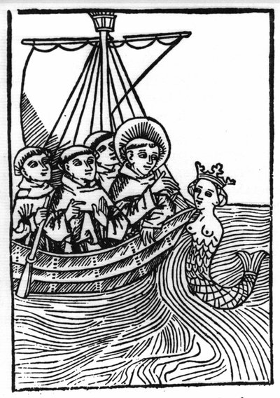 La légende de Saint Brendan (Brandan), héros et saint irlandais du 6ème siècle. La rencontre de Saint Brendan avec la Sirène. Gravure de « Die Wunderbare Meerfahrt des Hl. Brandan » - Swiss School