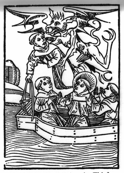 La légende de Saint Brendan (Brandan), héros et saint irlandais du 6ème siècle. Le diable emporte le moine voleur. Gravure de "Die Wunderbare Meerfahrt des Hl. Brandan." Bale - Swiss School
