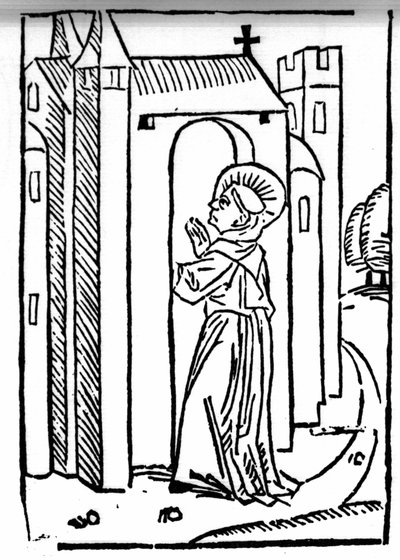 La légende de Saint Brendan (Brandan), héros et saint irlandais du 6ème siècle. Le retour du saint à son monastère. Gravure de « Die Wunderbare Meerfahrt des Hl. Brandan. » Bâle - Swiss School
