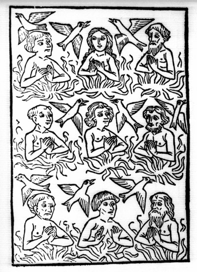 La légende de Saint Brendan (Brandan), héros et saint irlandais du 6ème siècle : Les feux du Purgatoire et les oiseaux de feu. Gravure de « Die Wunderbare Meerfahrt des Hl. Brandan. » Bâle - Swiss School