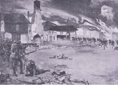 Combats de rue à la frontière franco-allemande : Une attaque française sur la garde prussienne, tiré de History of the Great War Vol 3 publié par Waverley Book Co Limited, c.1920 - Sydney Adamson