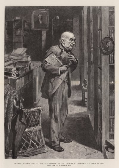Paix après le labeur, M. Gladstone dans la bibliothèque de St Deiniol à Hawarden - Sydney Prior Hall