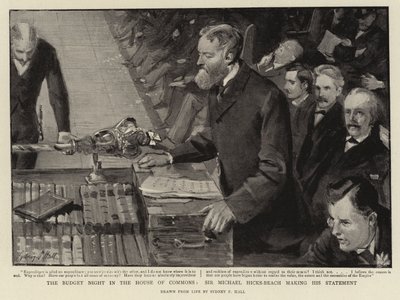 La nuit du budget à la Chambre des communes, Sir Michael Hicks-Beach faisant sa déclaration - Sydney Prior Hall