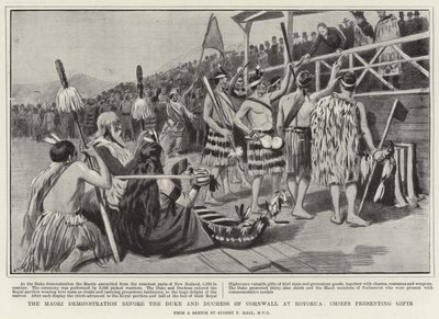 La démonstration maorie devant le duc et la duchesse de Cornouailles à Rotorua, chefs présentant des cadeaux - Sydney Prior Hall