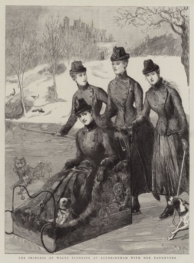 La princesse de Galles faisant de la luge à Sandringham avec ses filles - Sydney Prior Hall