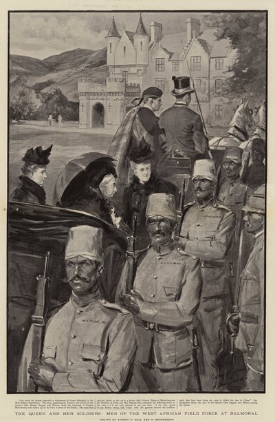 La reine et ses soldats, hommes de la Force de campagne ouest-africaine à Balmoral - Sydney Prior Hall