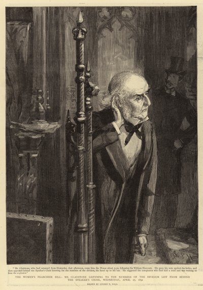 Le projet de loi sur le droit de vote des femmes, M. Gladstone écoutant les résultats de la liste de division derrière le fauteuil du président, mercredi 27 avril 1892 - Sydney Prior Hall