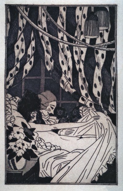 Érotisme : Giacomo Casanova (1725-1798) soulève les draps pour contempler sa maîtresse nue, début XXe siècle (gravure) - Sylvain Sauvage
