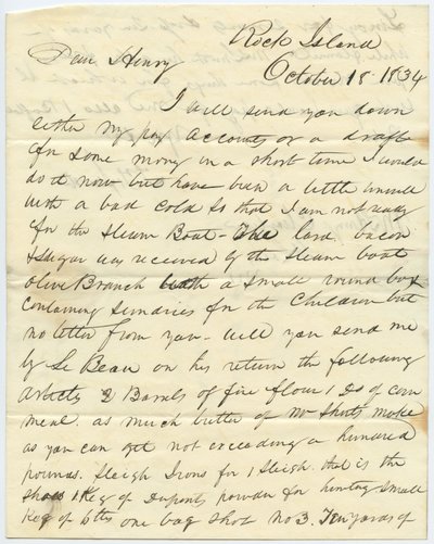 Lettre signée T.F. Smith, Rock Island, à Henry Chouteau, St. Louis, Mo., 18 octobre 1834 - T.F. Smith