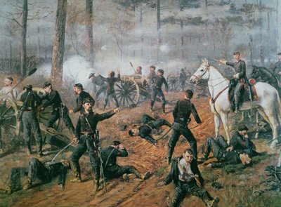La batterie du capitaine Hickenlooper dans le nid de frelons à la bataille de Shiloh, avril 1862 (lithographie en couleur) - T. C. Lindsay