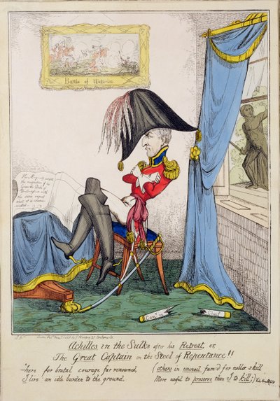 Achille boudeur après sa retraite ou, Le grand capitaine sur le tabouret de la repentance, publié par G. Humphrey, 7 mai 1827 - T. Jones