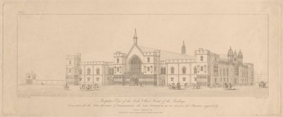 Vue en perspective des façades nord et ouest des bâtiments reliés aux deux chambres du Parlement, les tribunaux - T. Kearnan