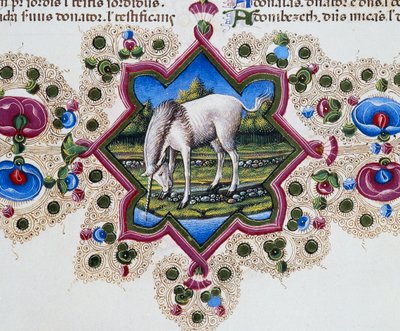 Frise de bordure au pied de la page avec une licorne, Volume II f 245, v, Bible de Borso d