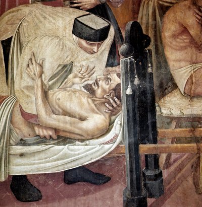 Soins aux malades dans un hôpital, une infirmière assiste un blessé allongé sur une civière (Détail). Fresque de Taddeo di Bartolo (1363-1422) 14e siècle Sienne, Spedale di Santa Maria della Scala - Taddeo di Bartolo