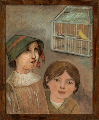 Deux fillettes sous une cage avec un canari - Tadeusz Makowski