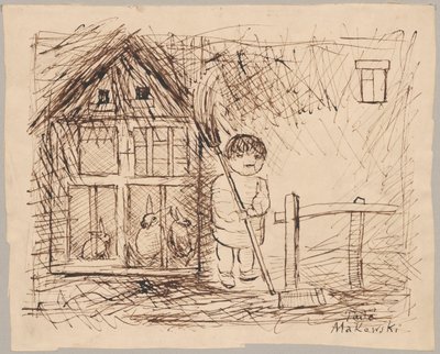 Enfant sous une cage avec des lapins - Tadeusz Makowski
