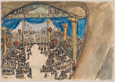 Étude de scénographie - salle et scène avec décor - Tadeusz Makowski