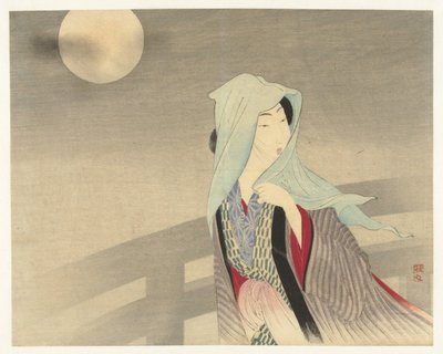 Femme voilée sur un pont au clair de lune - Takeuchi Keishū