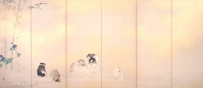 Écran de glycine et de gloire du matin avec des chiens - Takeuchi Seiho