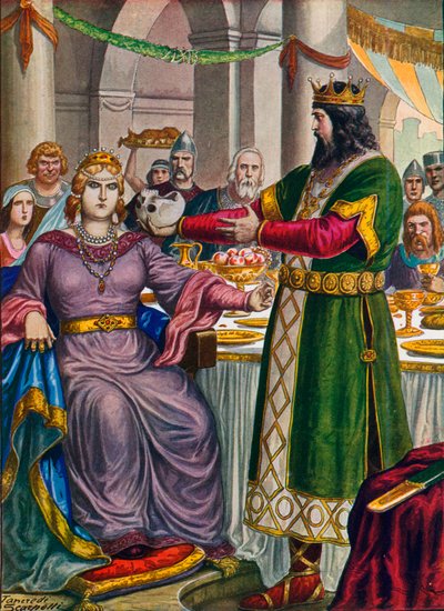 Alboino, roi des Lombards, offre à sa femme Rosamunda de boire dans le crâne de Cunimondo - Tancredi Scarpelli