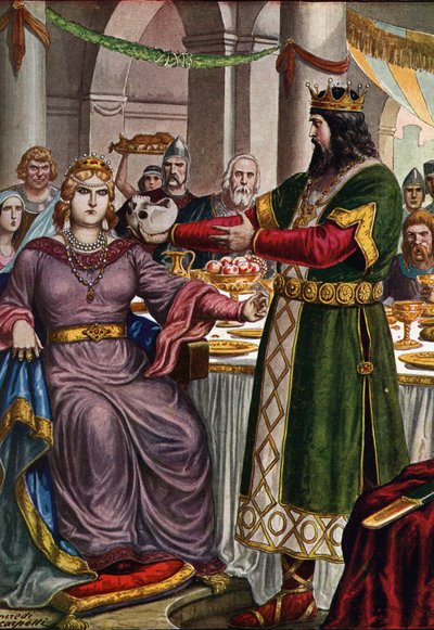Le roi lombard Alboin (vers 526-572) force sa femme, la princesse gépide Rosemonde (morte en 572) à boire dans une coupe formée par le crâne de son père Cunimond lors d