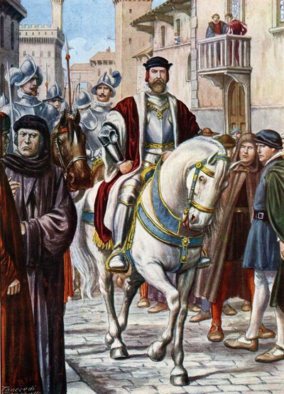 Portrait de Cosme I de Toscane (Cosimo de Medici) circulant dans les rues de Florence, entouré de membres de sa milice composée de soldats espagnols et allemands - Tancredi Scarpelli