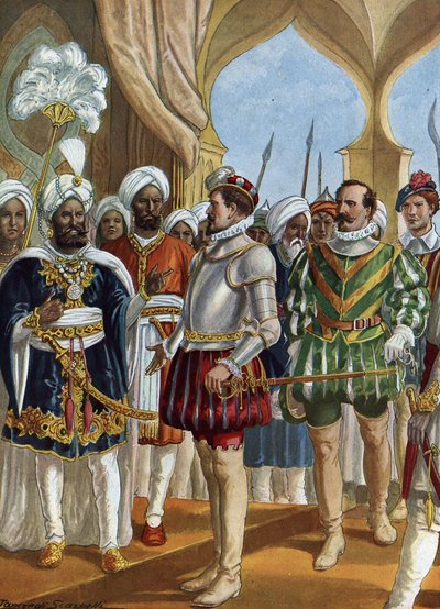 Navigateur portugais Pedro Alvares Cabral (1460-1526) à la cour du roi (Zamorin) de Calicut (Kozhikode) le 13/09/1500 pour négocier l