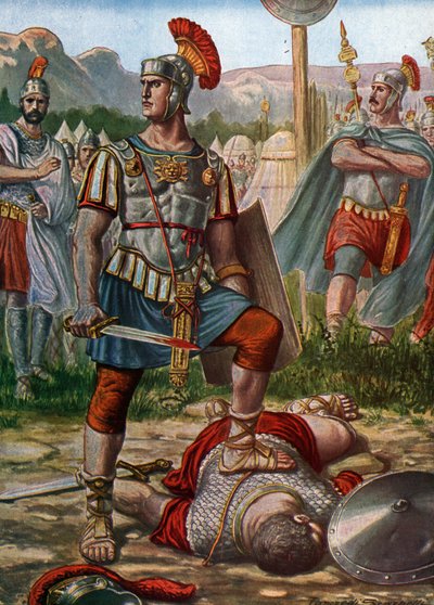 Antiquité romaine : Le consul Titus Manlius Imperiosus Torquatus défait un Gaulois en 361 avant J.-C. Illustration de Tancredi Scarpelli - Tancredi Scarpelli
