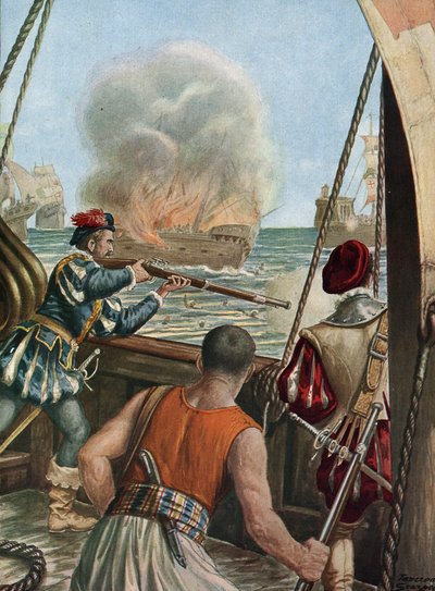 Deuxième expédition en Inde (1502-1503) « Bataille navale entre la flotte portugaise de Vasco de Gama et celle de Calicut, les Portugais tirent sur le navire musulman Miri chargé de pèlerins revenant de La Mecque, 3/10/1502 » - Tancredi Scarpelli