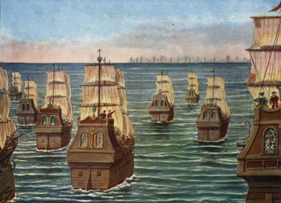 La bataille de Cannanor a eu lieu en mars 1506 au large du port de Cannanore en Inde, entre la flotte indienne du Samorin de Calicut et une flotte portugaise sous Lourenço de Almeida, fils du vice-roi Almeida) Illustration par Tancredi Scarpelli dans - Tancredi Scarpelli