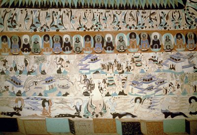 Bouddha et scènes de la vie quotidienne, fresque datant de la dynastie Tang, Chine, 7e-10e siècle - Tang Dynasty Chinese School