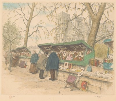 Étal de livres sur le Quai de Montebello, avec Notre-Dame en arrière-plan - Tavík František Šimon (signed by artist)