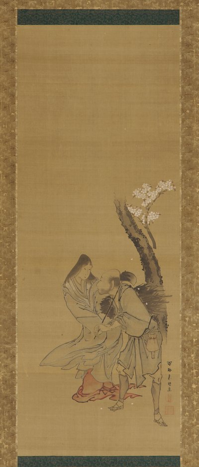Une femme et un ramasseur de bois sous un cerisier, fin XVIIIe-début XIXe siècle - Tawaraya Sōri