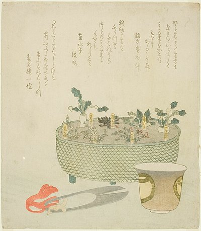 Les sept herbes (Nanakusa), avec ciseaux et tasse à thé - Teisai Hokuba